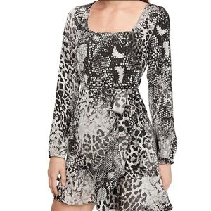 Express Snakeskin Satin Square Neck Ruffle Dress, S